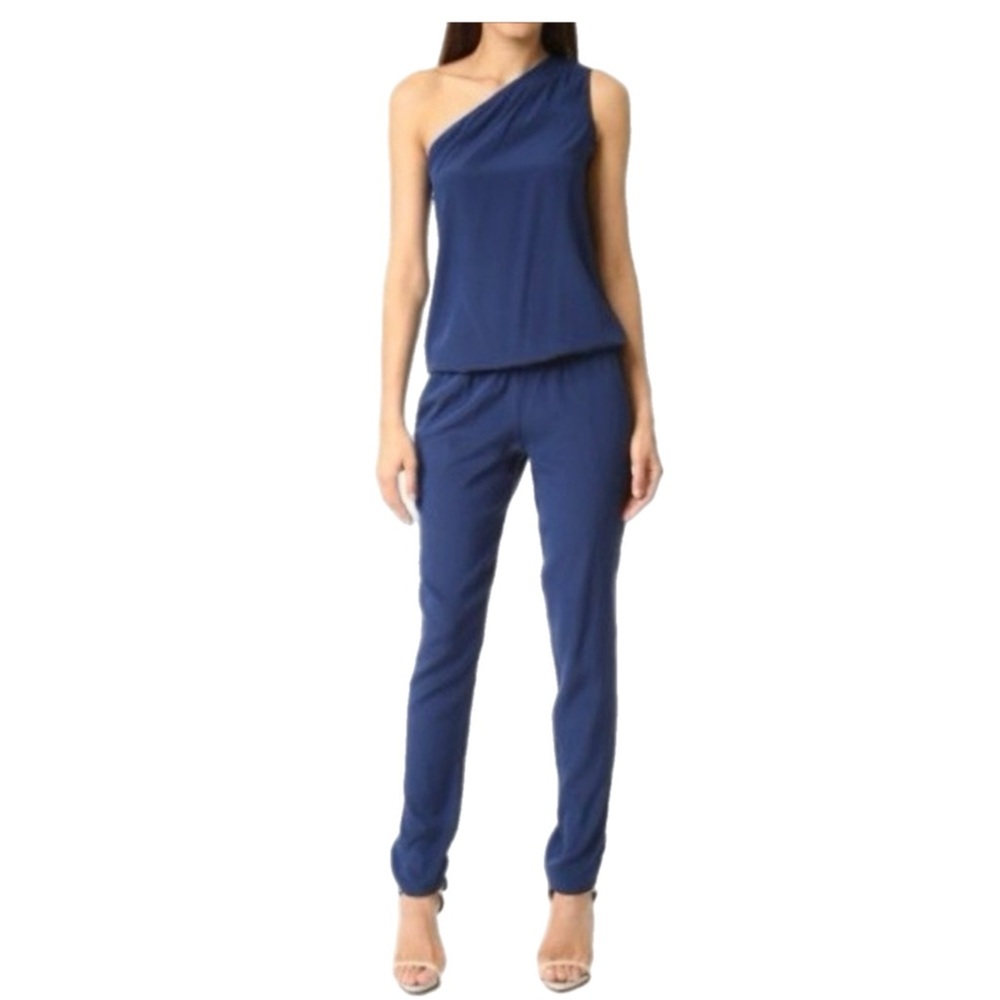 NWT Ramy Brook Elegant Navy Blue One-Shoulder Silk Jumpsuit Size Large
